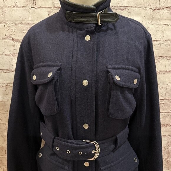 Tommy Hilfiger Y2K Navy Blue Wool Belted Lined Military Moto Coat Jacket Size M - Picture 2 of 6